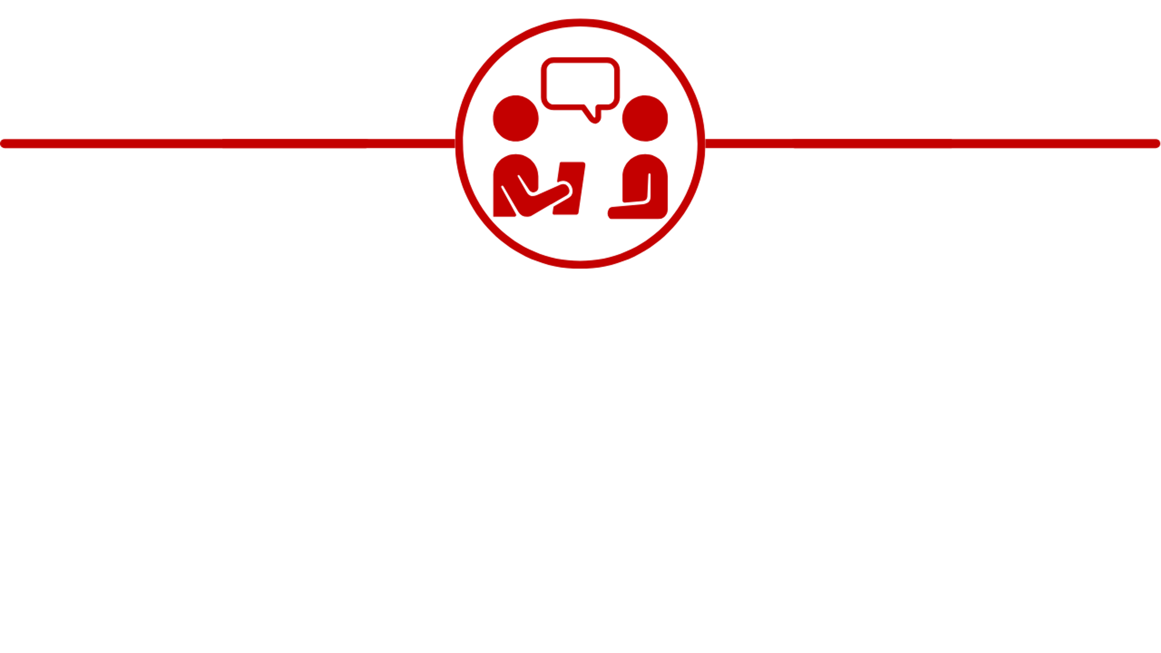 Red icon of two people seated and talking, with a speech bubble above them, symbolizing a leadership interview or conversation.