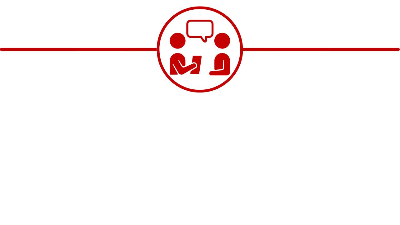 Red icon of two people seated and talking, with a speech bubble above them, symbolizing a leadership interview or conversation.