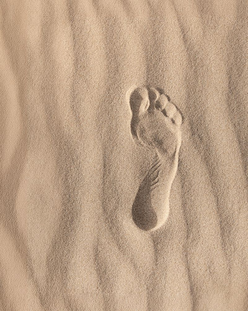 A single bare footprint pressed into smooth, rippled sand.