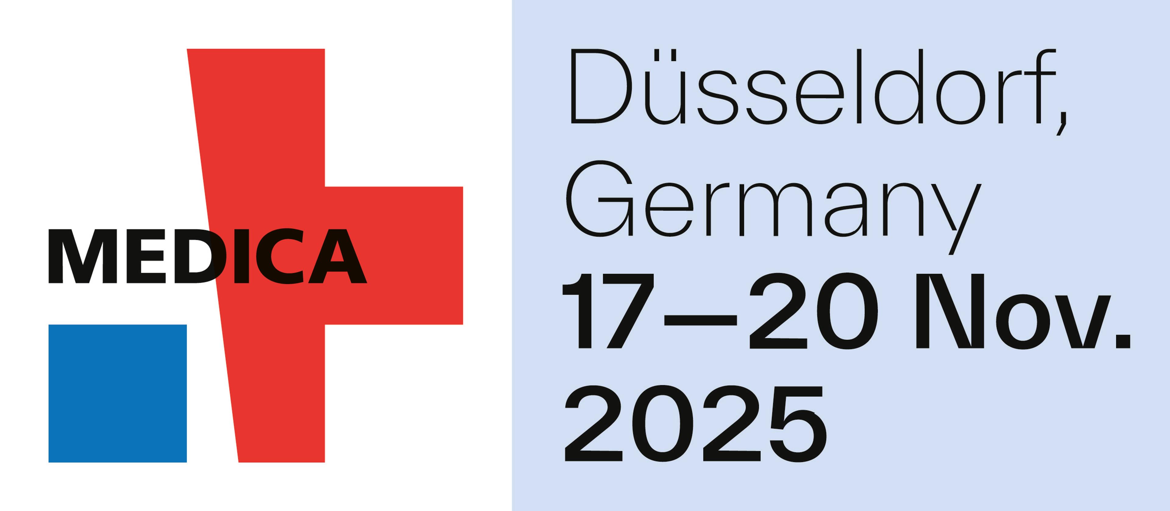 the logo for medica dusseldorf germany is a red , white and blue cross .