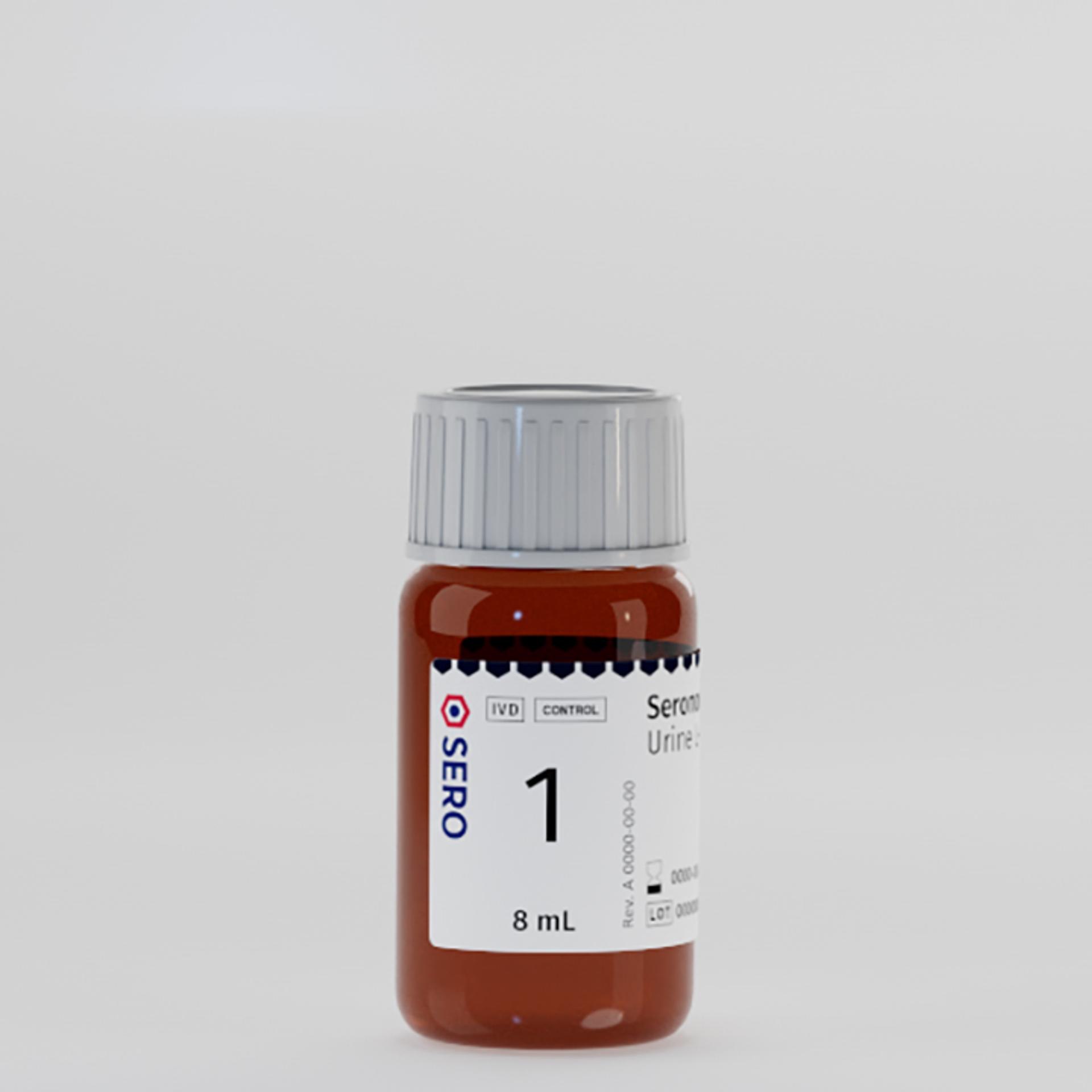 a bottle of serum urine with the number 1 on it trace elements urine quality control