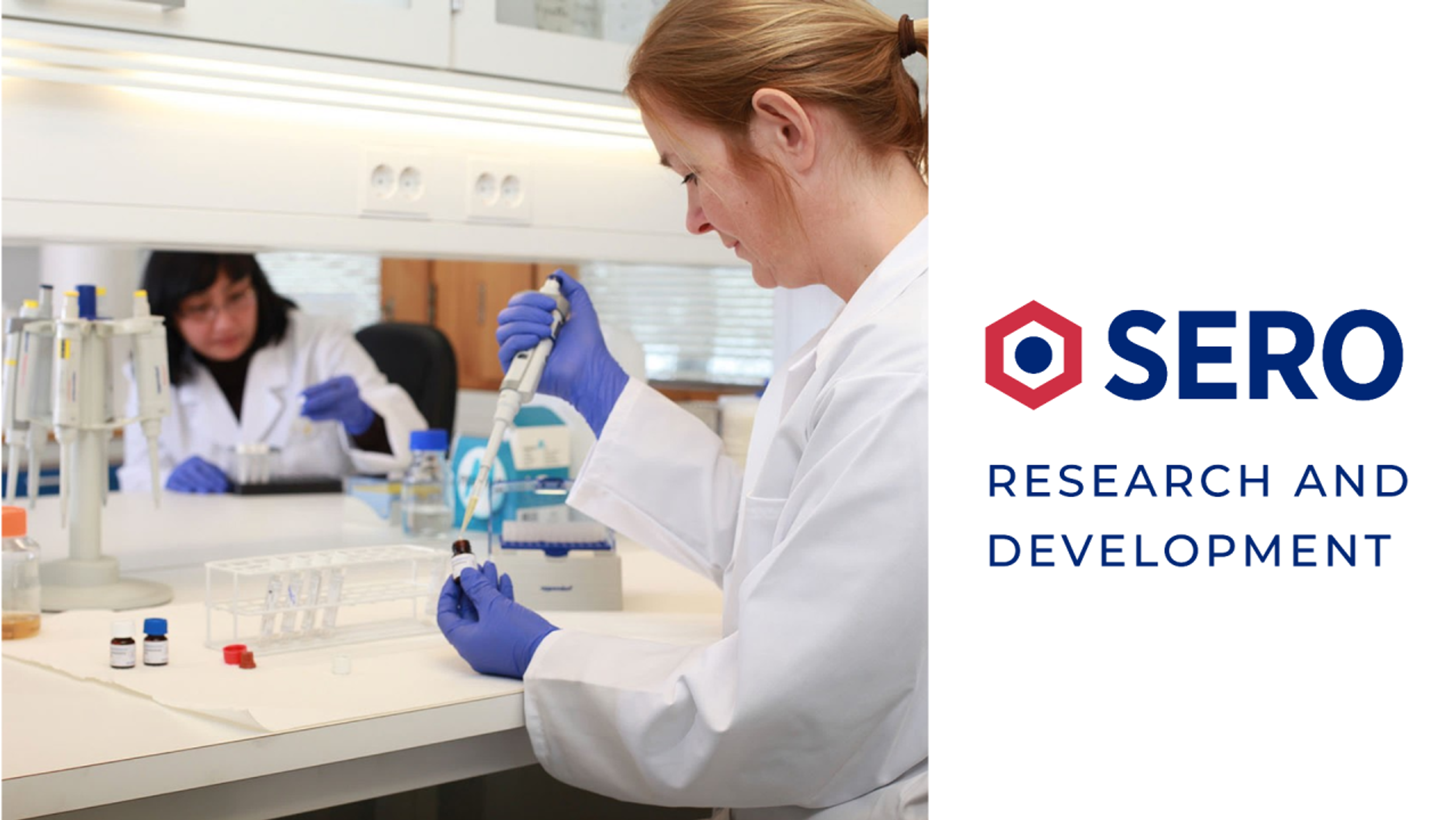 two women working in a laboratory next to a logo for sero research and development