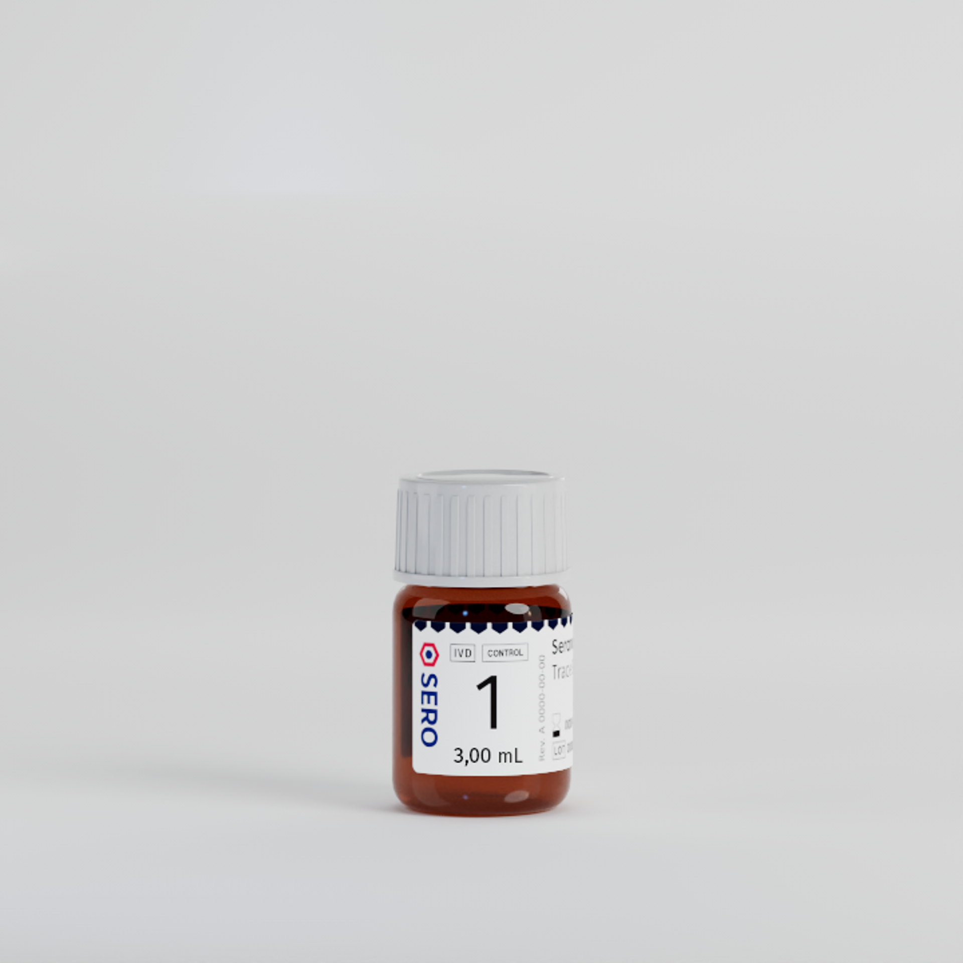 Small brown vial with white cap, labeled 'SERO IVD CONTROL 1, 3.00 mL'trace elements quality control