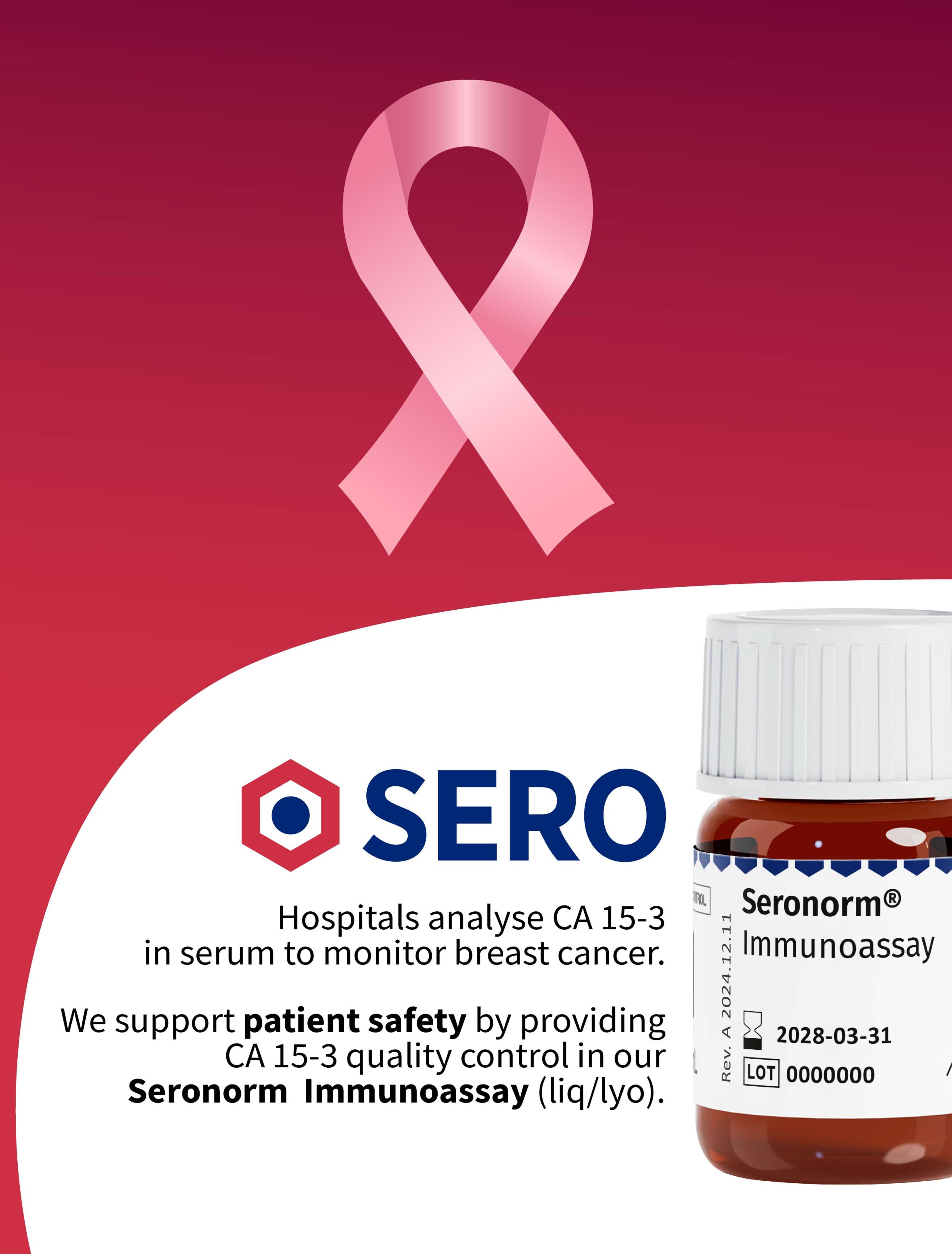 Pink ribbon next to a Seronorm Immunoassay bottle, advertising its use for CA 15-3 quality control in breast cancer monitoring.