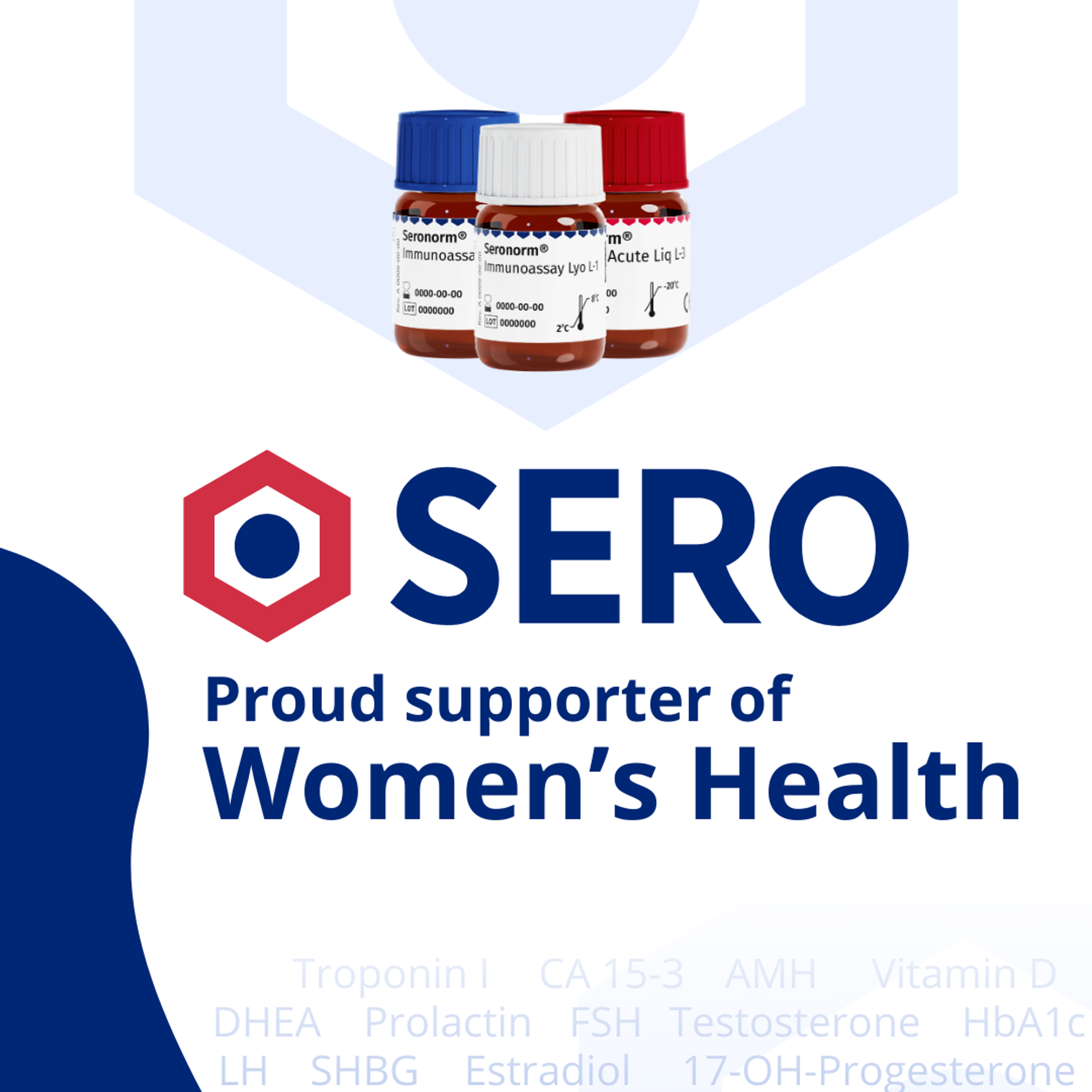 SERO logo with three diagnostic vials, promoting "Women's Health" and listing various biomarkers.
