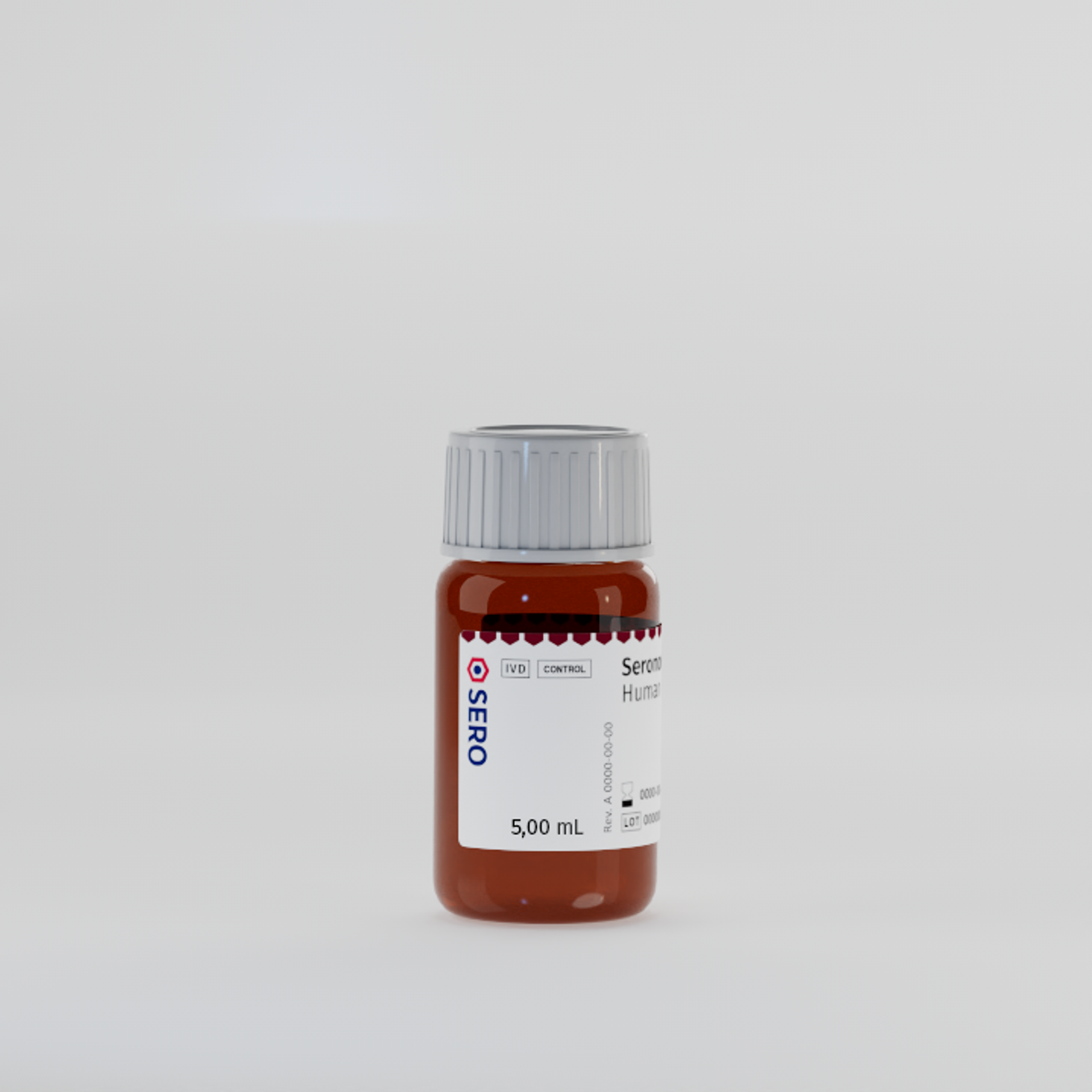 Small amber bottle with a grey cap, containing dark red liquid, labeled "SERO IVD CONTROL Serum Human 5,00 mL". seronorm human quality control 