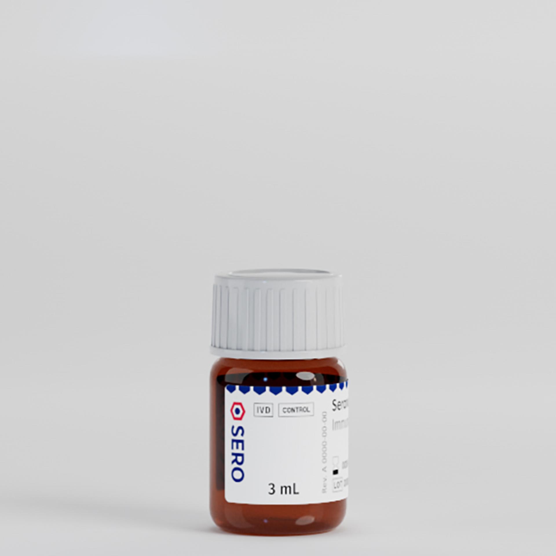 a small brown bottle with a white cap is sitting on a white surface . seronorm immunoassay liq low