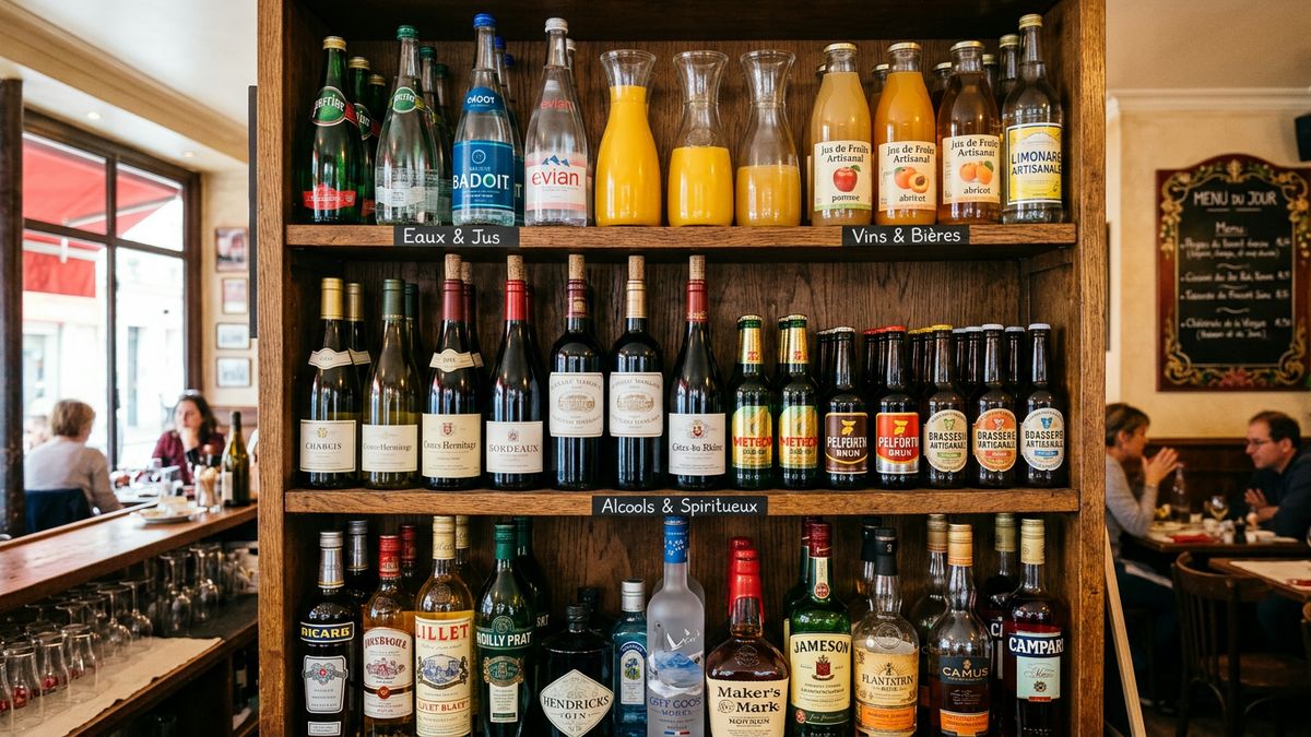 Bouteilles rangées par familles sur l'étagère d'un bar de restaurant