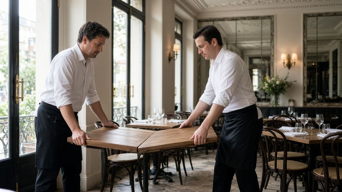 Deux serveurs rapprochant des tables carrées pour préparer une grande tablée avant le service