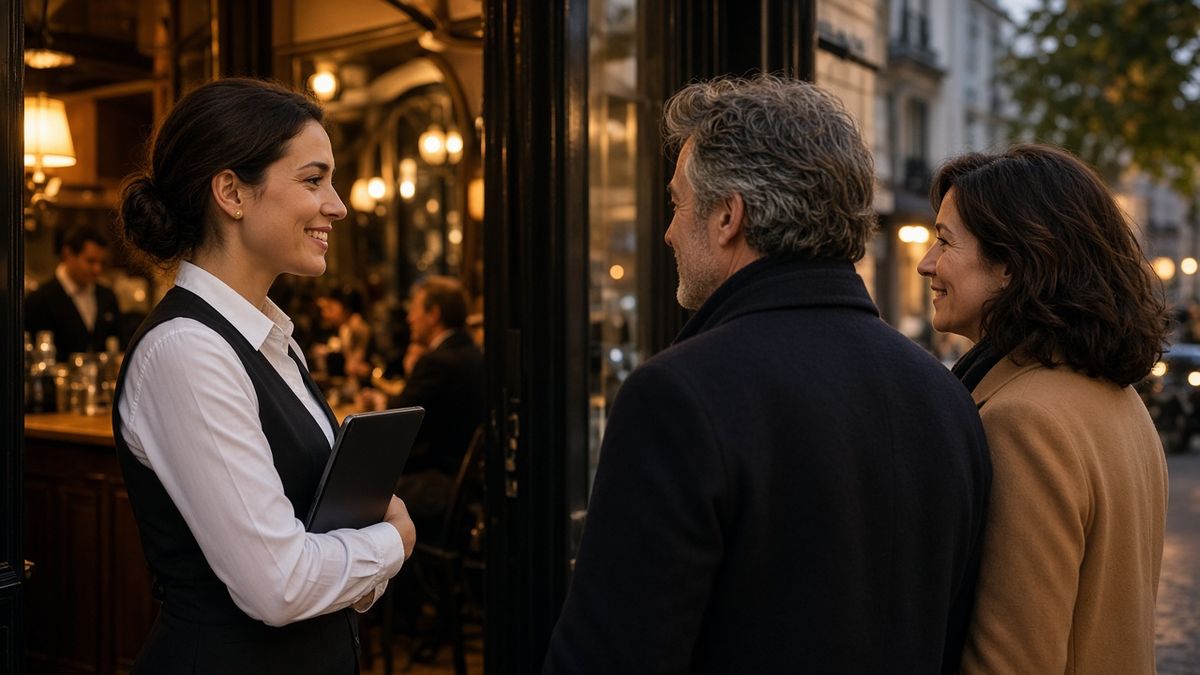 Accueil d’un couple à l’entrée d’un restaurant avec une tablette de service en main
