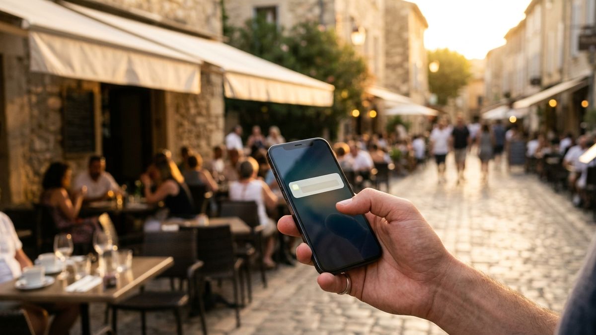Un client reçoit une notification sur son téléphone, en terrasse