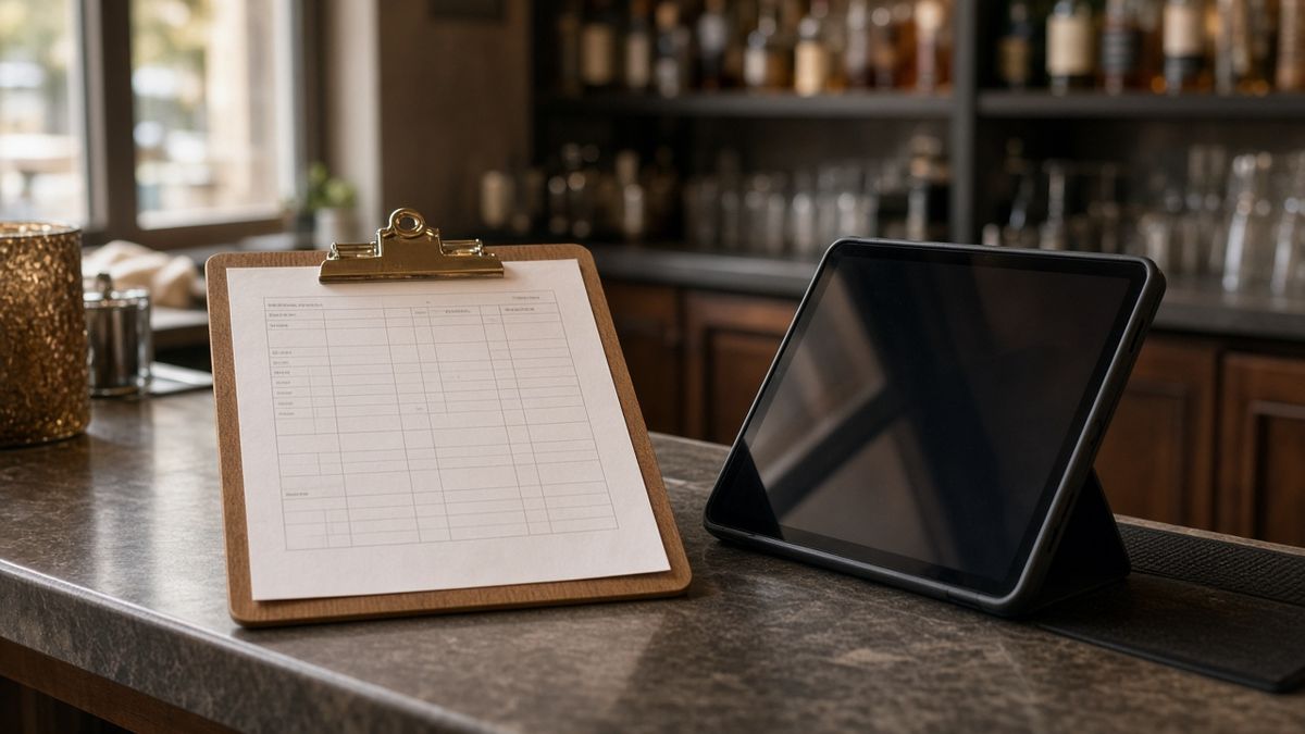 Feuille de service imprimée sur un porte-bloc en bois à côté d’une tablette sur le comptoir
