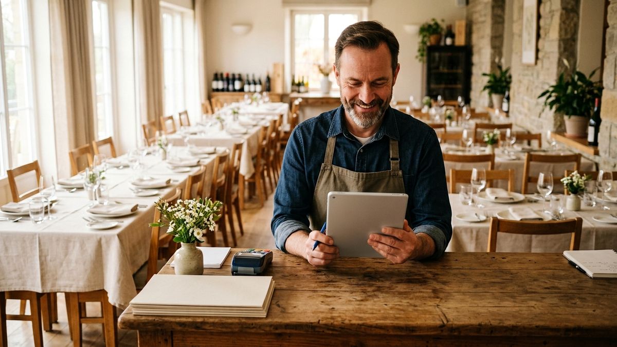 Restaurateur consultant l'agenda de salle sur tablette