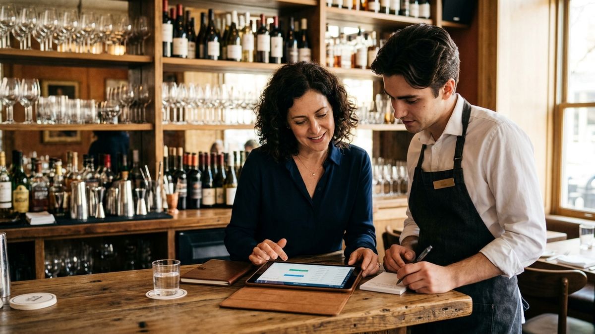 Équipe de salle consultant l'agenda de réservations sur tablette avant le service