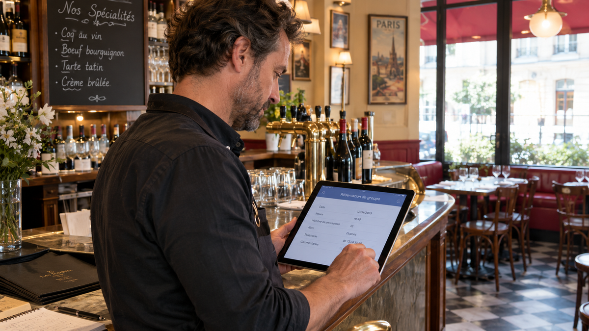 Restauratrice qui note les détails d'un groupe sur une tablette au comptoir