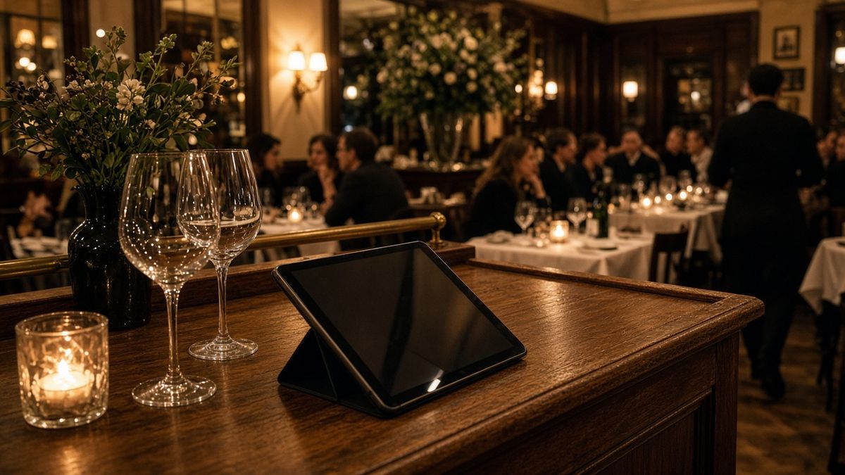 Tablette posée sur le pupitre d’accueil d’un restaurant pendant le service du soir