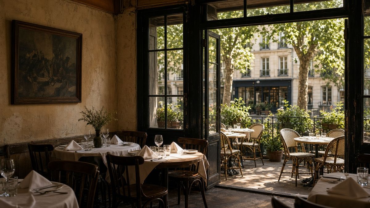 Salle de bistrot français ouverte sur une terrasse dressée au soleil