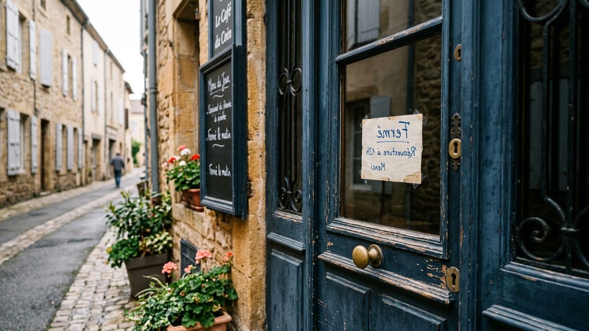Porte de restaurant fermée en matinée, pancarte retournée
