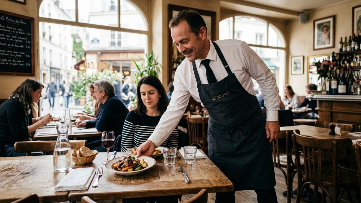 Un serveur dépose un plat sur une table de bistro