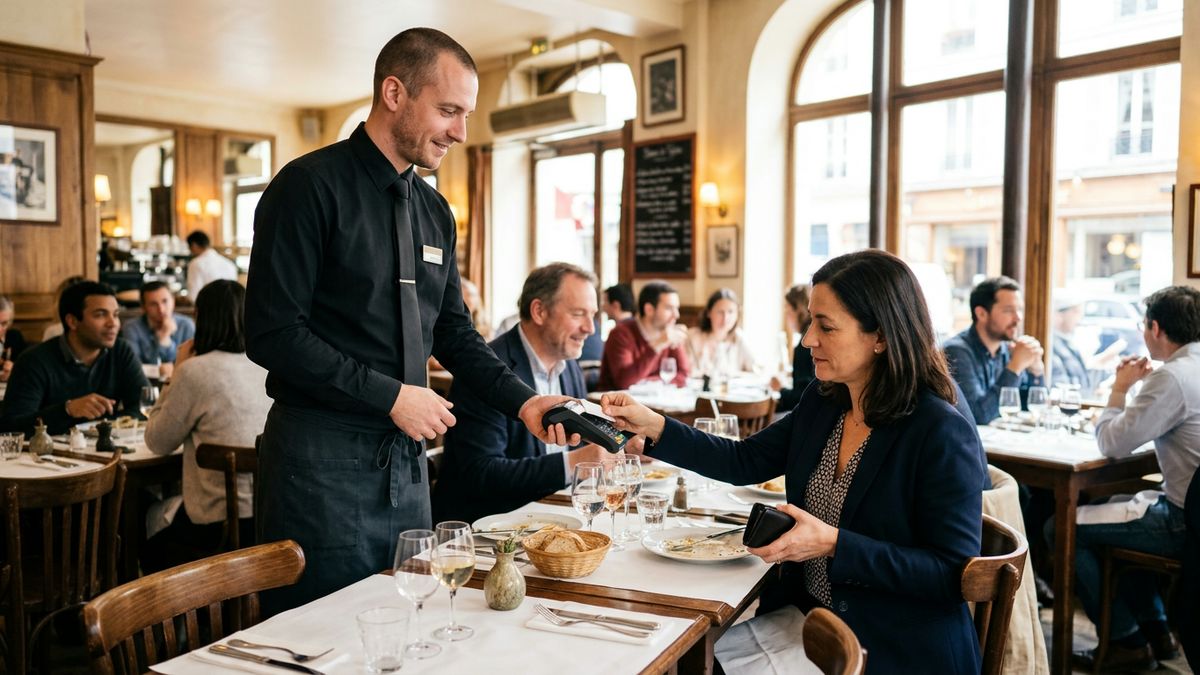 Serveur présentant le terminal de paiement à un client au déjeuner