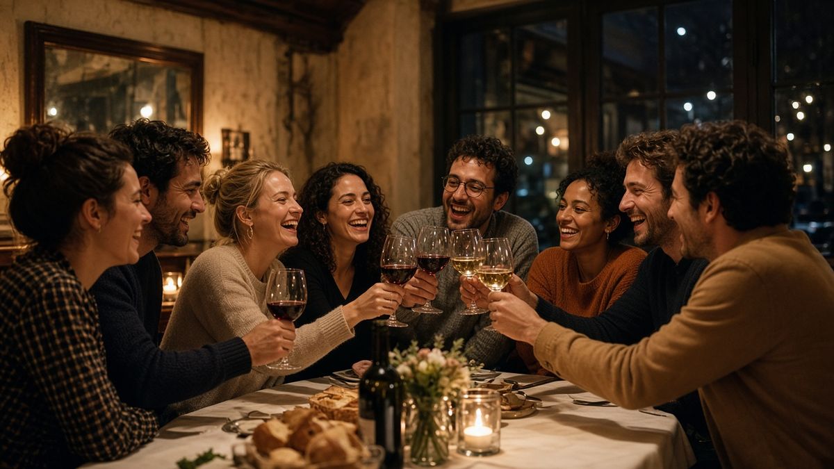 Groupe de huit convives trinquant autour d’une grande table au restaurant