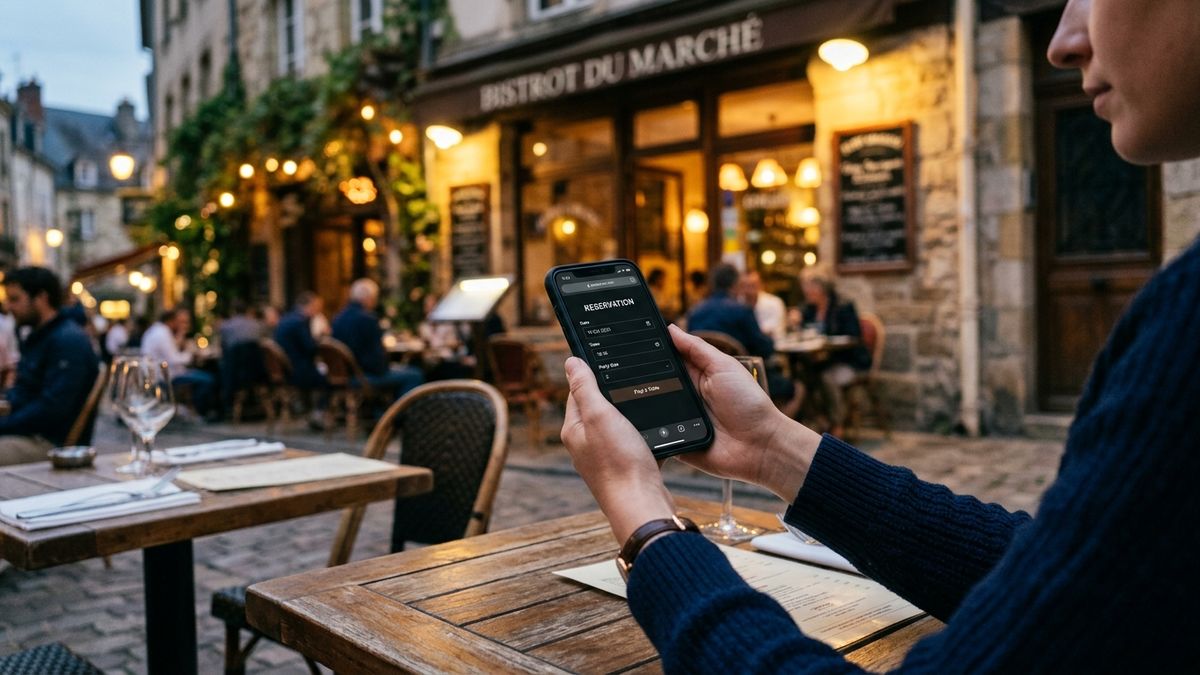 Client réservant une table depuis son téléphone sur une terrasse