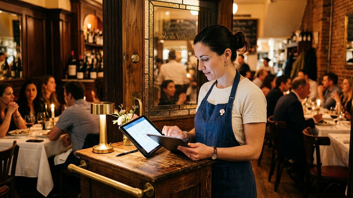 Une hôtesse consulte l’agenda de salle sur une tablette à l’entrée du restaurant
