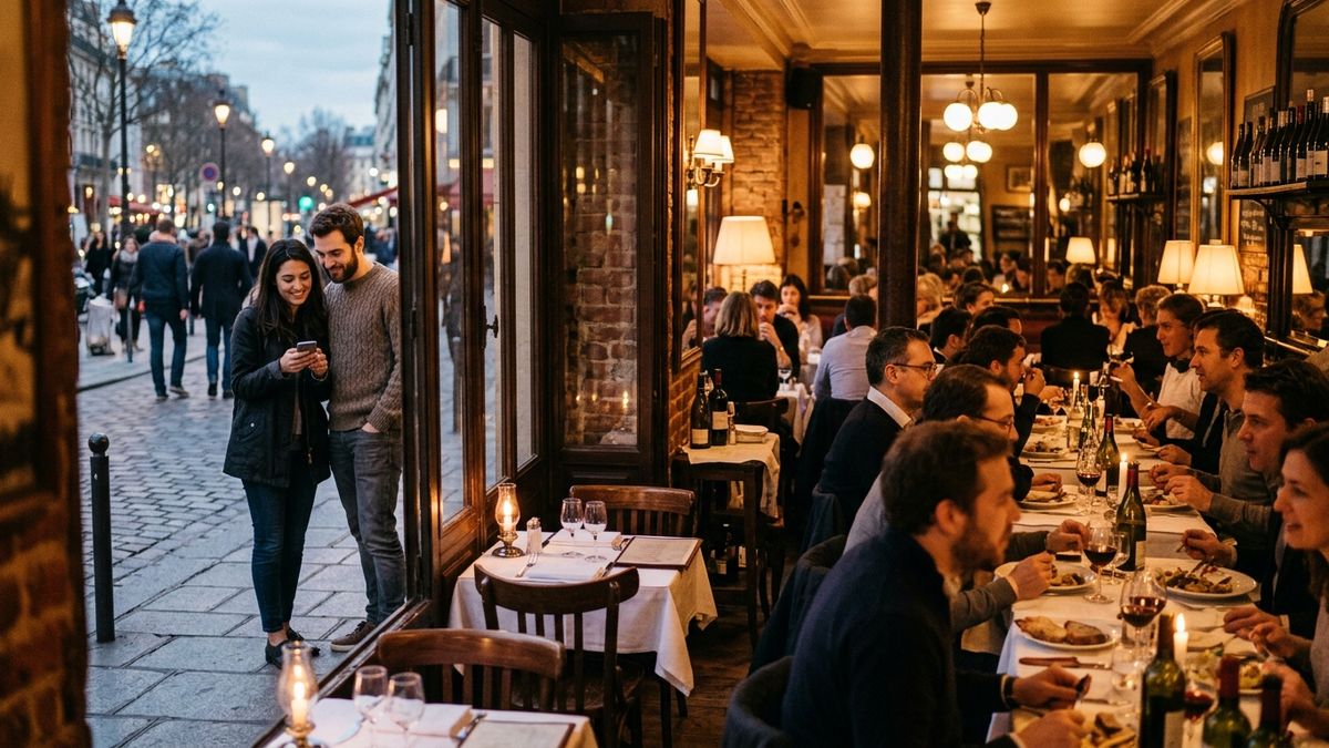 Restaurant complet à l’heure du dîner : un couple attend sur le trottoir en consultant son téléphone