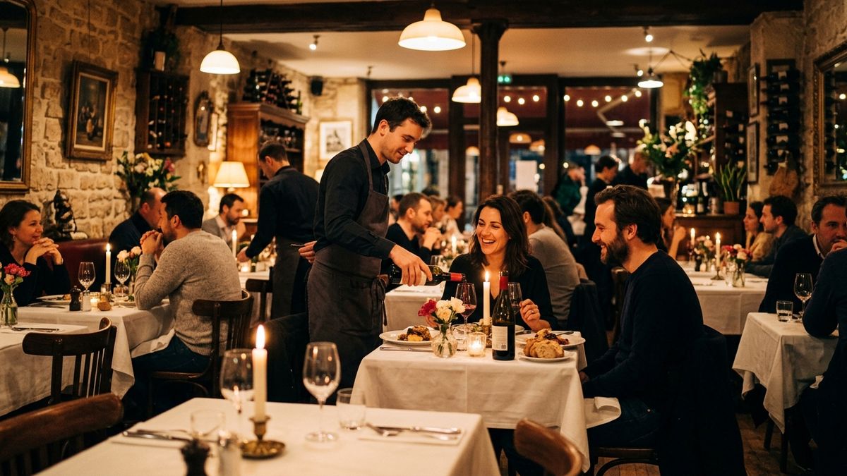 Salle de restaurant le soir avec des convives installés pour un repas plus long