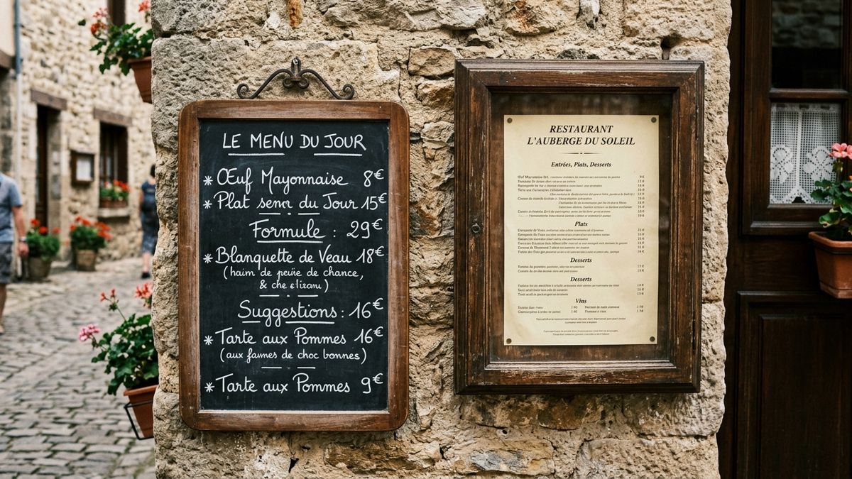 Ardoise et carte encadrée à l'entrée d'un restaurant français