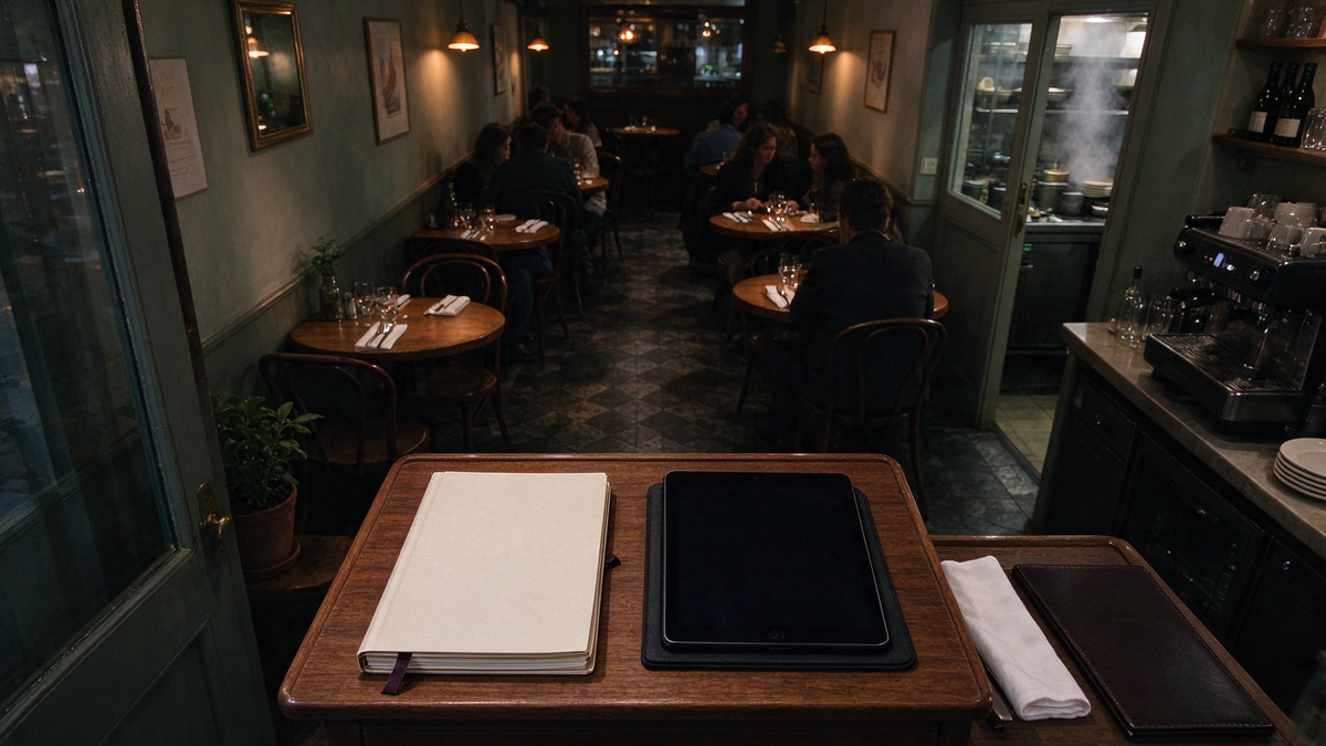 Carnet de réservations et tablette sur le pupitre d'accueil d'un restaurant