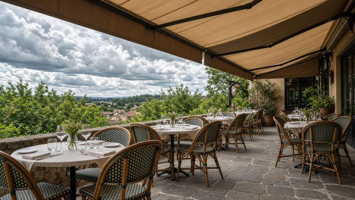 Terrasse de restaurant dressée sous un store avec un ciel nuageux en arrière-plan