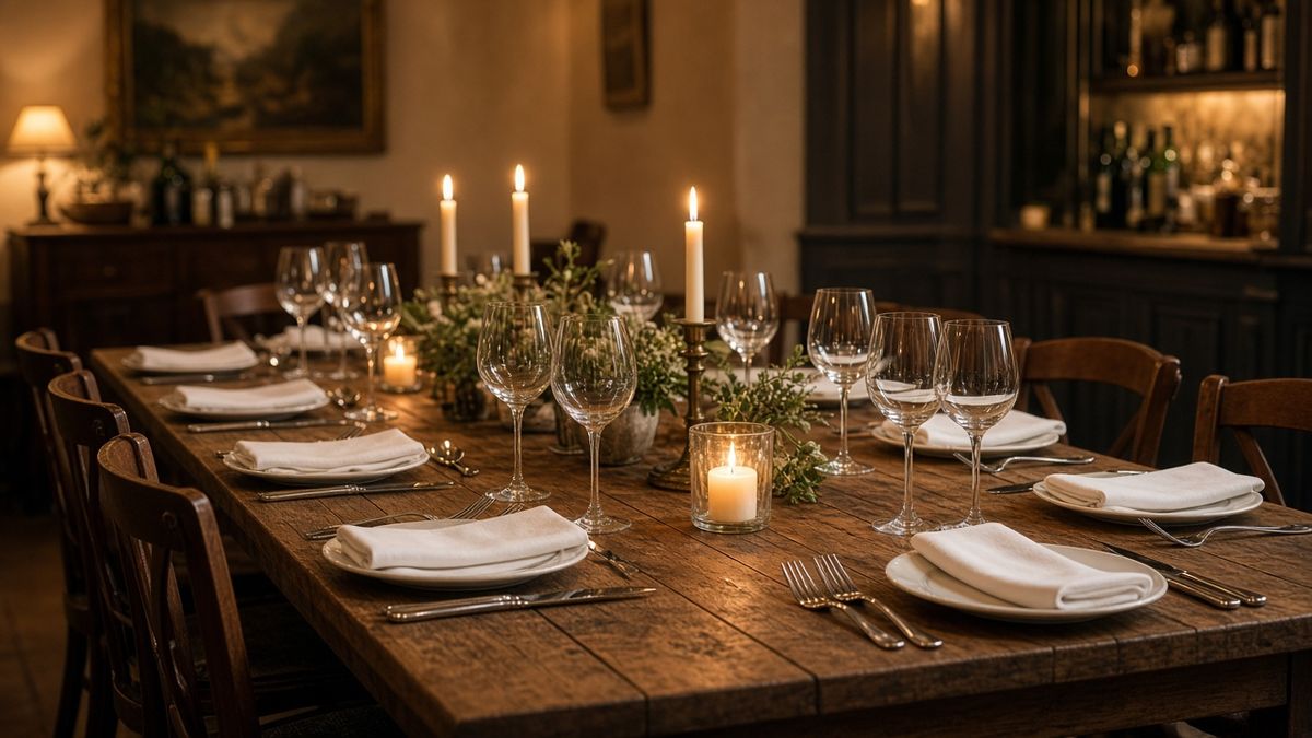 Grande table en bois dressée pour dix convives avec verres à vin et bougies dans un restaurant