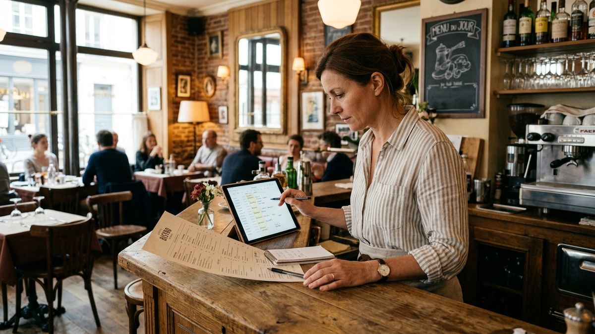 Restaurateur comparant sa carte imprimée et son agenda de réservations
