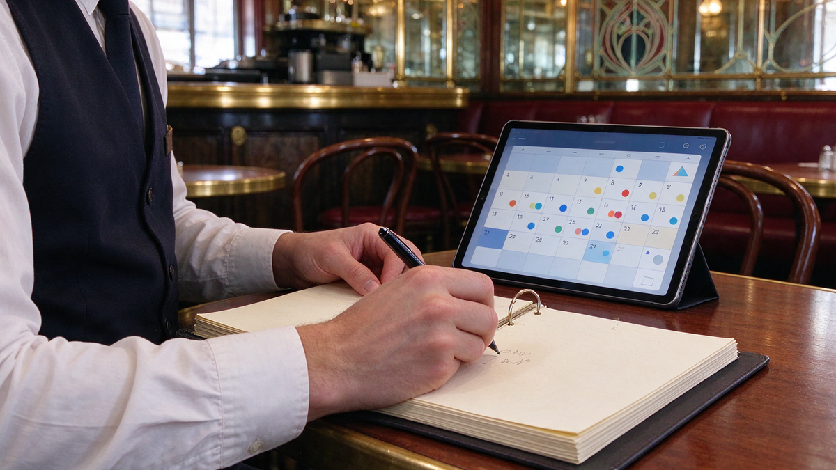 Serveur qui note une réservation téléphonique à côté d'une tablette d'agenda