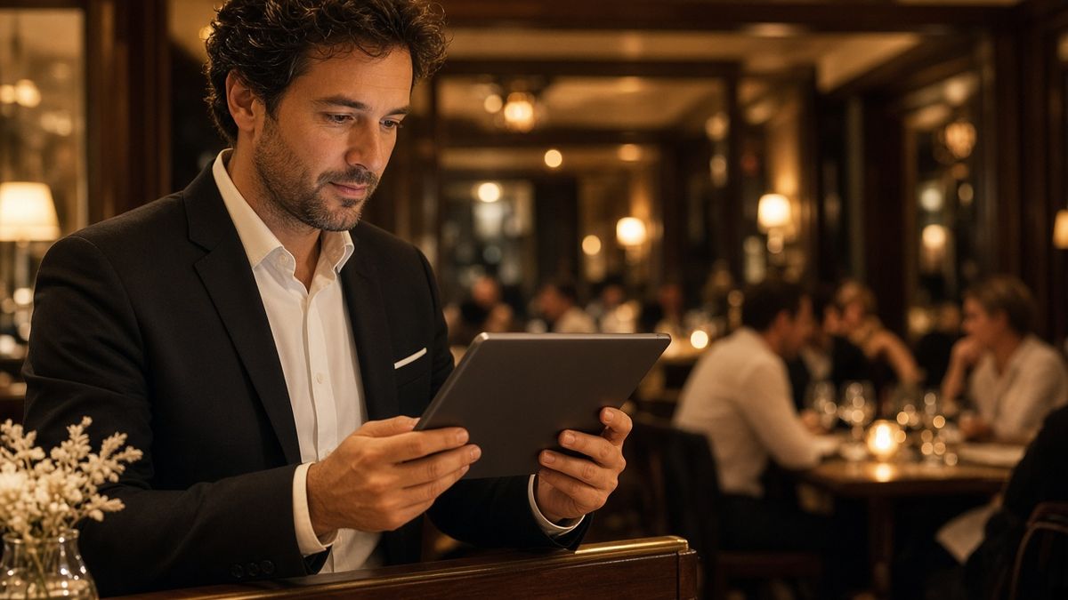 Responsable de salle consultant le plan des tables sur une tablette pendant le service du soir