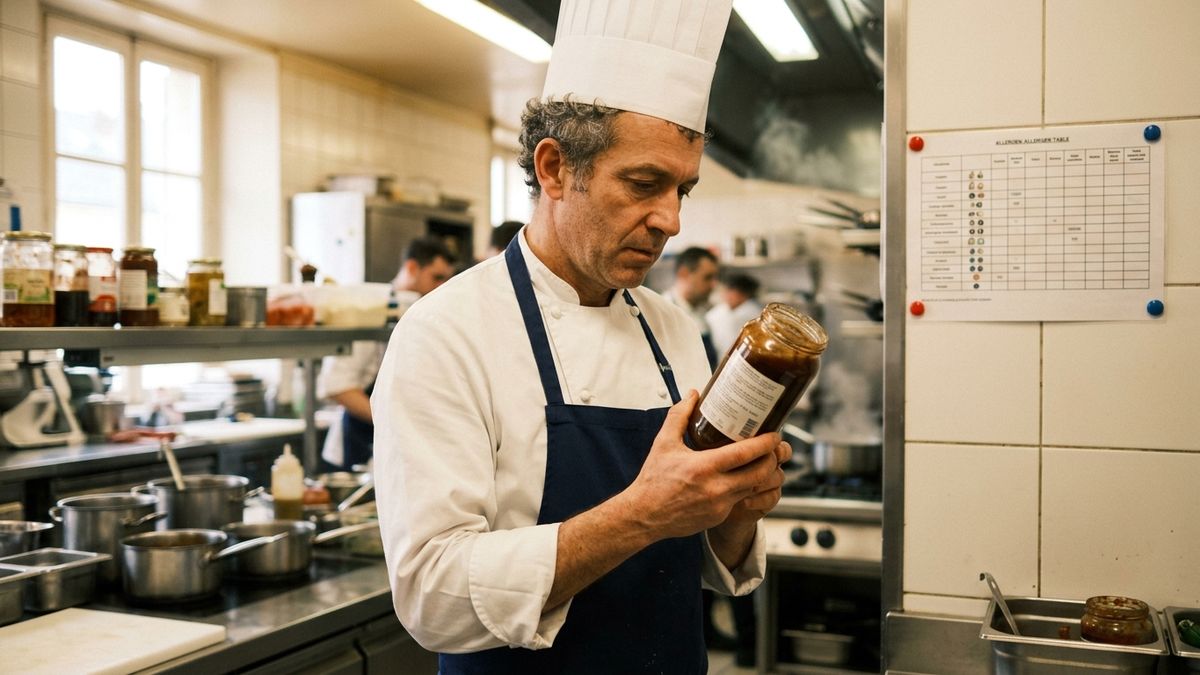 Cuisinier vérifiant la composition d'une sauce avant de renseigner les allergènes