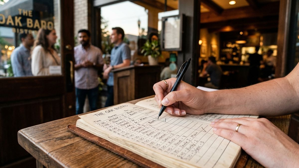 Pointage d'une arrivée dans le carnet de réservations à l'entrée du restaurant