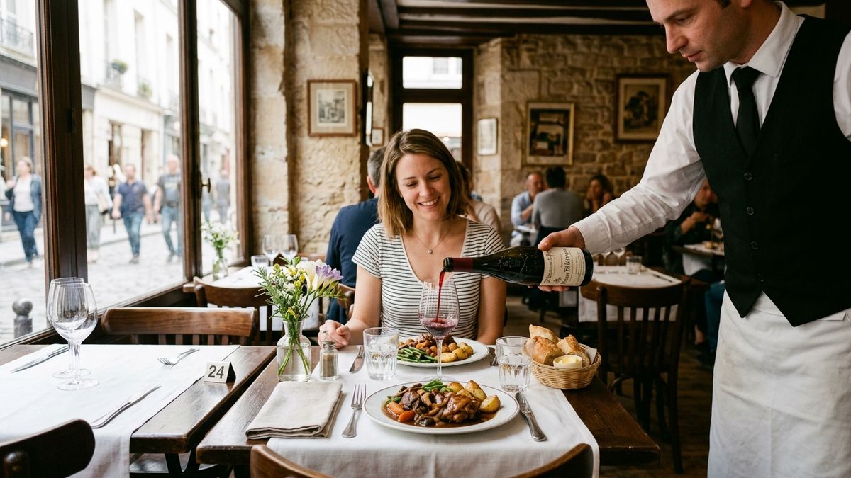 Verre de vin servi avec un plat dans une salle de restaurant