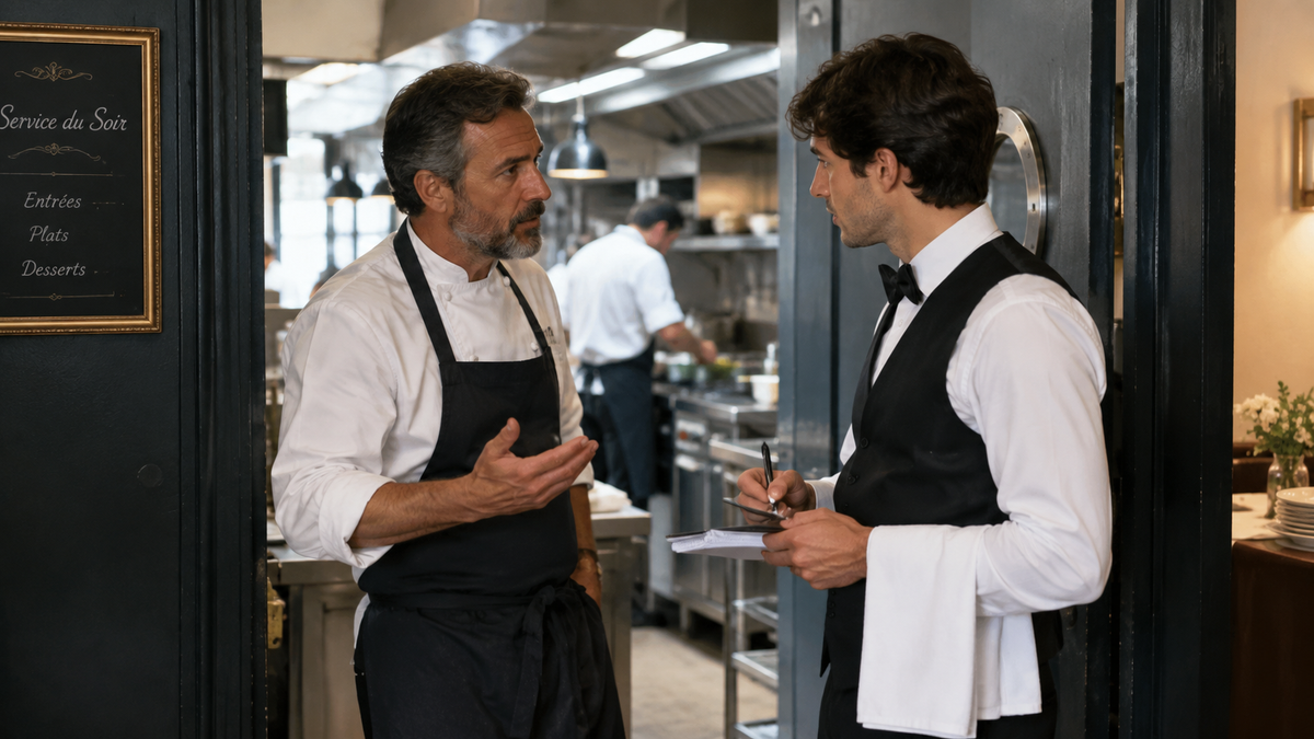 Chef et serveur qui préparent le service du soir avant l'arrivée d'un groupe