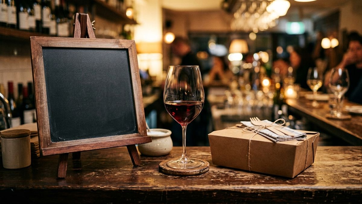 Un comptoir avec menu du jour, verre de vin et boîte à emporter