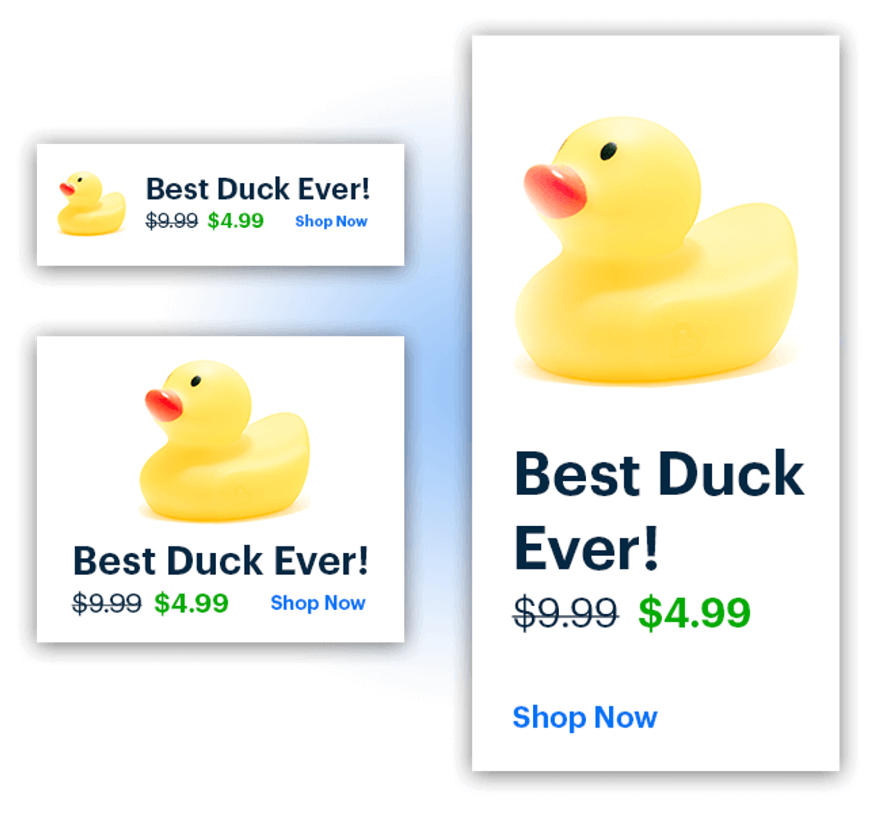 An example of three sizes of a dynamic product ad, advertising a rubber duck.