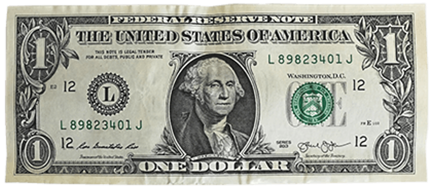 A photo of a one U.S. dollar bill.