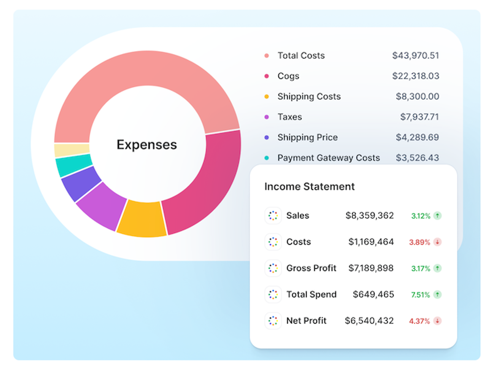 Chart breaking down expenses and Income statement
