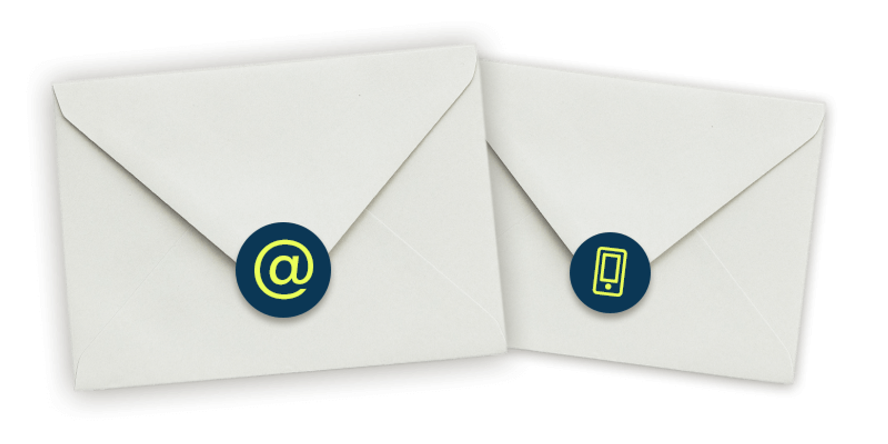 Two envelopes with symbols of email and a cellphone sealing them .