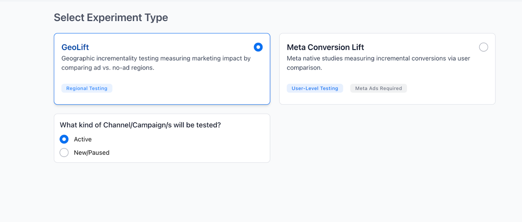 A screenshot showing two experiment types in an interface: GeoLift and Meta Conversion Lift.