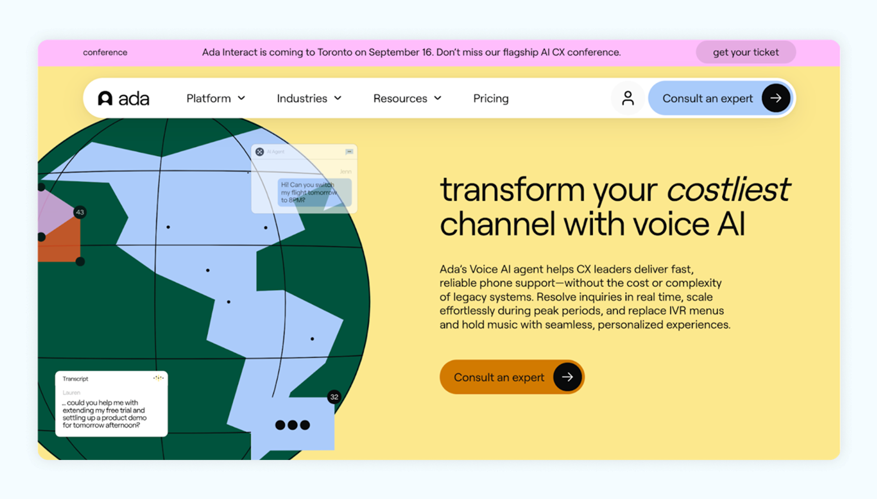 Screenshot of Ada's homepage.
