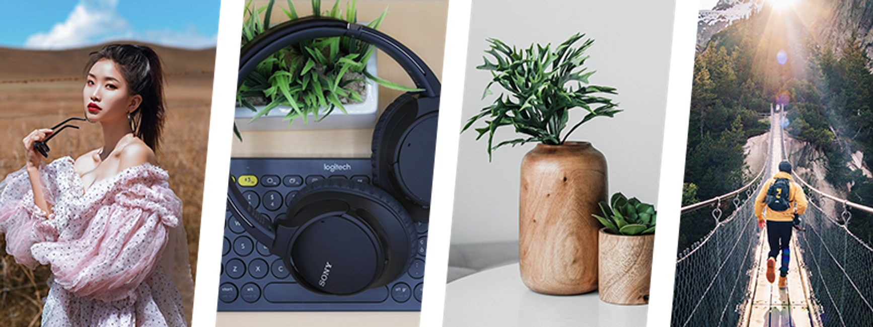 A collage of four images: A woman in beautiful dress, a pair of nice wireless headphones, a set of wooden planters, and an adventurous man crossing a rope bridge.