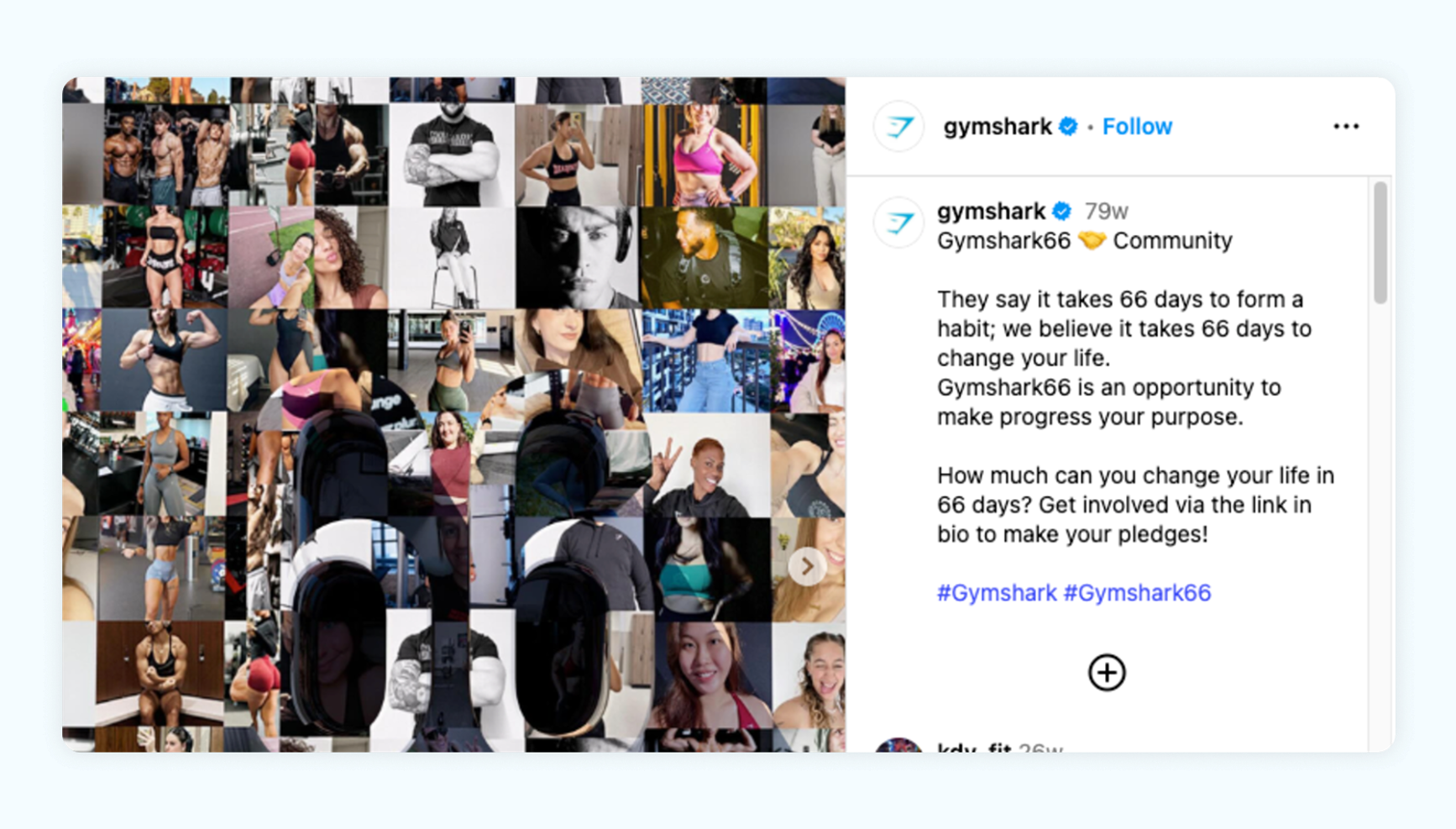 A screenshot of an Instagram post from Gymshark, celebrating their Gymshark66 community.