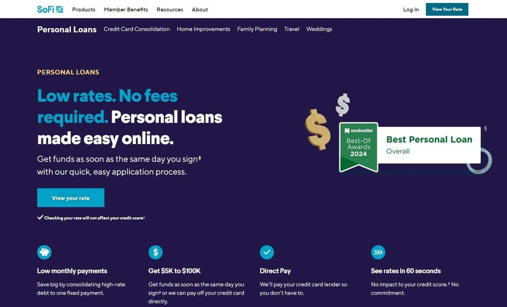 Screenshot of SoFi's personal loans page